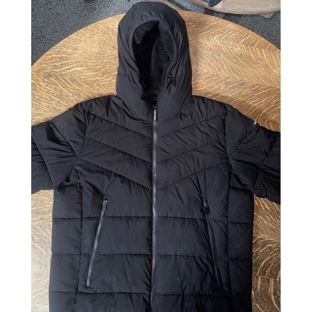Calvin Klein Men's XL Black Hooded Puffer Jacket Sherpa Lined Hood Sorona Aura